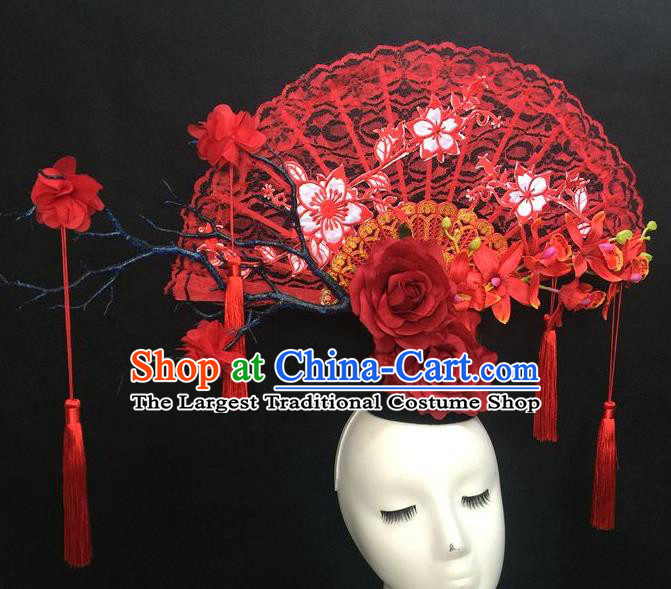 Chinese Traditional Stage Court Deluxe Top Hat Handmade Cheongsam Catwalks Red Lace Fan Headwear Fashion Show Giant Hair Crown