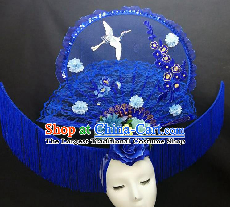 Chinese Handmade Fashion Show Giant Hair Crown Traditional Stage Court Deluxe Tassel Top Hat Cheongsam Catwalks Blue Lace Fan Headwear