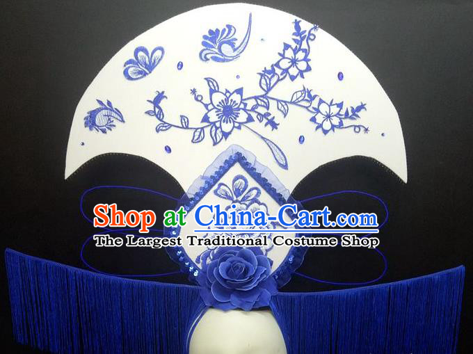 Chinese Cheongsam Catwalks Deluxe Tassel Headwear Handmade Fashion Show Giant Hair Crown Traditional Stage Court Blue Peony Top Hat