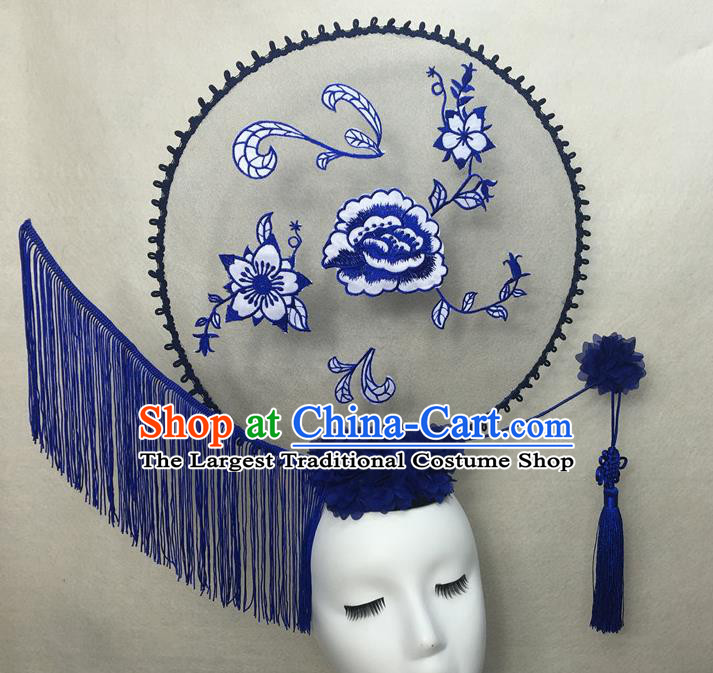 Chinese Cheongsam Catwalks Deluxe Tassel Headwear Handmade Fashion Show Giant Hair Crown Traditional Stage Court Embroidered Peony Top Hat