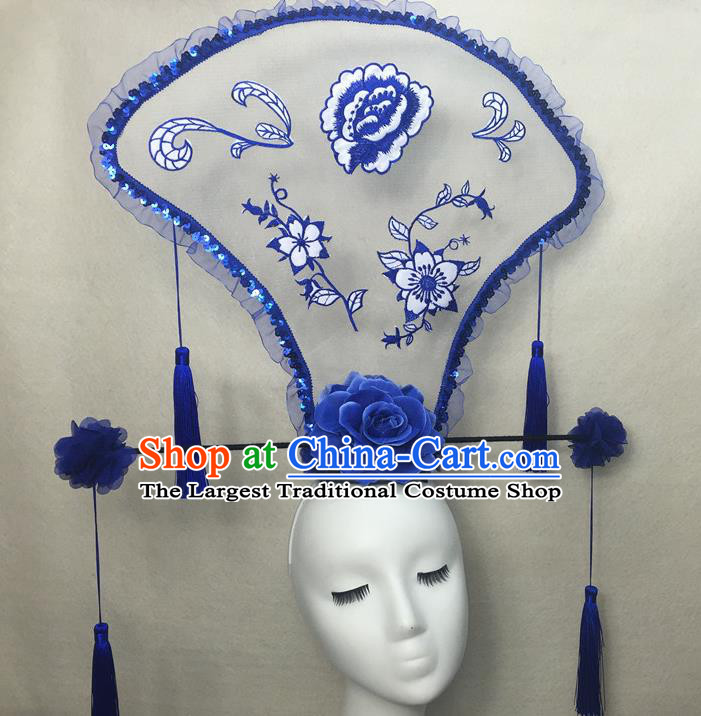 Chinese Traditional Stage Court Embroidered Peony Top Hat Cheongsam Catwalks Deluxe Headwear Handmade Fashion Show Giant Fan Hair Crown