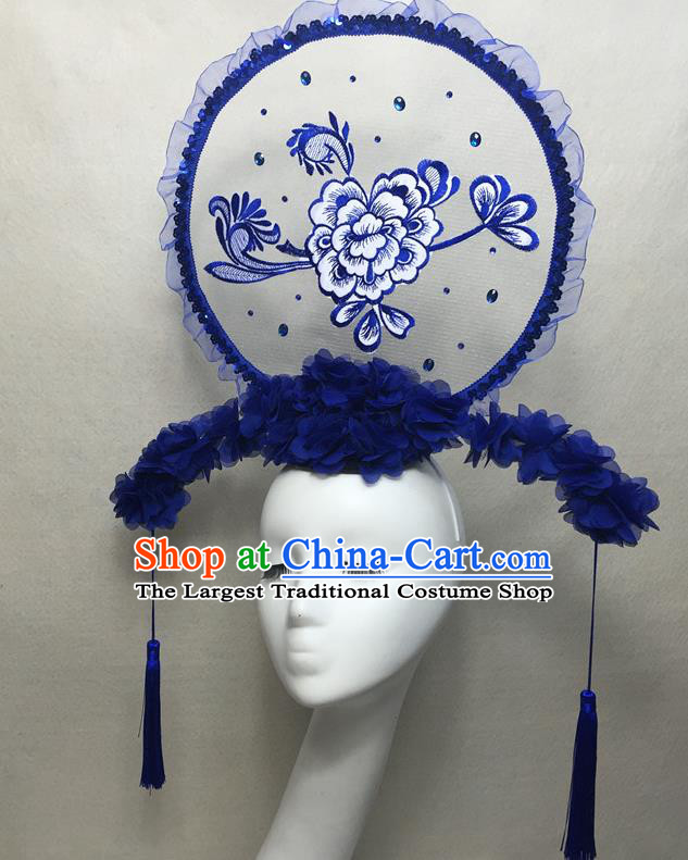 Chinese Handmade Fashion Show Giant Fan Hair Crown Traditional Stage Court Top Hat Cheongsam Catwalks Deluxe Blue Flowers Headwear