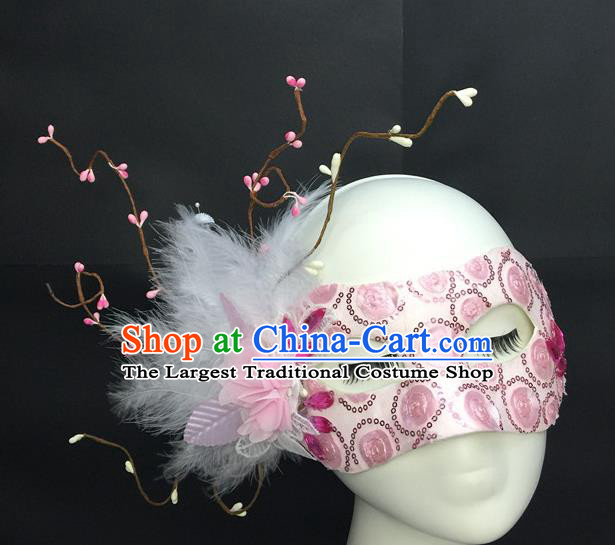 handmade Halloween Cosplay Pink Mask Costume Party Blinder Headpiece Rio Carnival Feather Face Mask