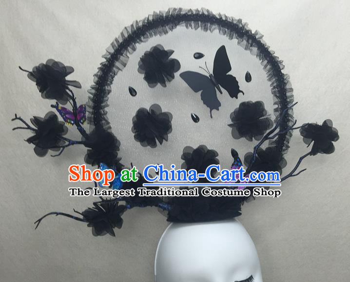 Top Gothic Black Silk Flowers Headdress Cosplay Party Hair Accessories Bride Royal Crown Halloween Fancy Ball Butterfly Top Hat