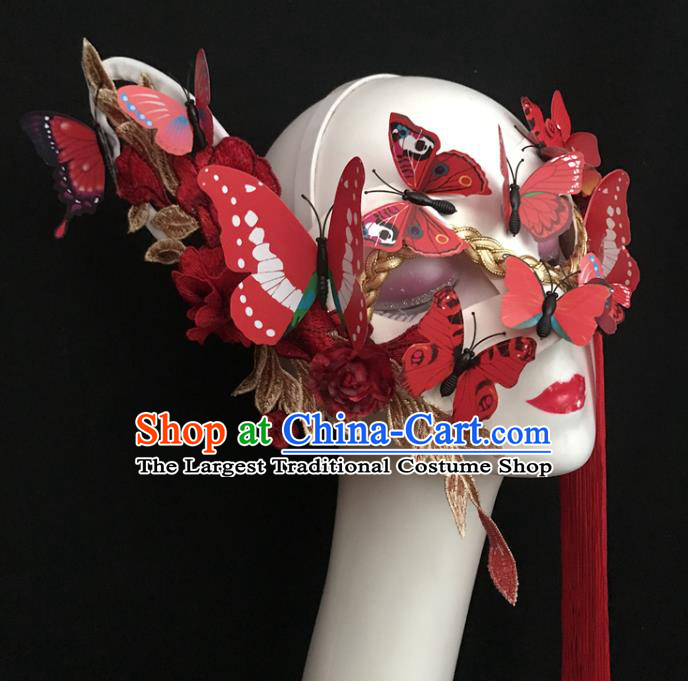 Handmade Costume Party Blinder Headpiece Brazil Carnival Tassel Face Mask Halloween Cosplay Show Red Butterfly Mask