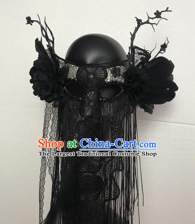 Handmade Costume Party Black Tassel Blinder Headpiece Brazil Carnival Peony Mask Halloween Cosplay Show Lace Full Face Mask