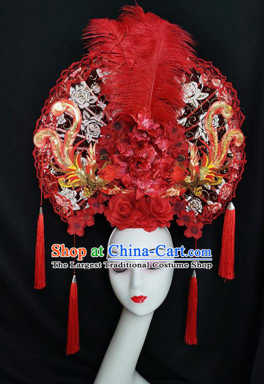 China Traditional Court Red Feather Hair Clasp Catwalks Giant Fashion Headwear Handmade Cheongsam Show Lace Fan Phoenix Hair Crown