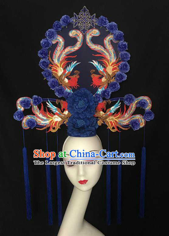 Chinese Catwalks Giant Fashion Headpiece Handmade Cheongsam Show Navy Peony Tassel Hair Crown Traditional Court Fan Hair Clasp