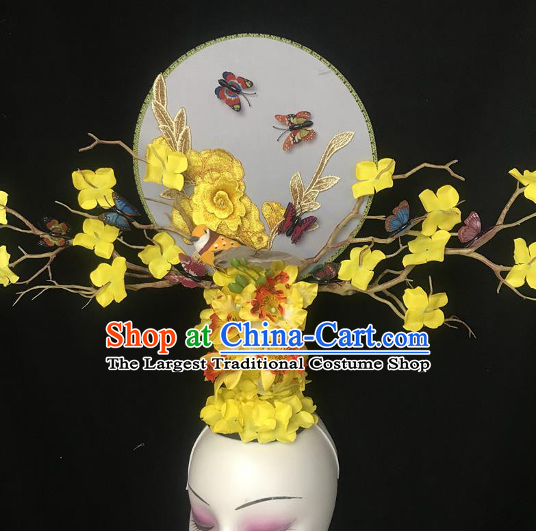 China Traditional Court Yellow Flowers Hair Clasp Handmade Catwalks Giant Fashion Headdress Cheongsam Show Embroidered Peony Hair Crown