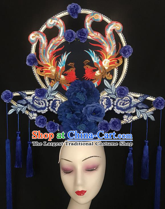 Chinese Traditional Court Fan Hair Clasp Catwalks Giant Fashion Headpiece Handmade Cheongsam Show Navy Peony Tassel Hair Crown