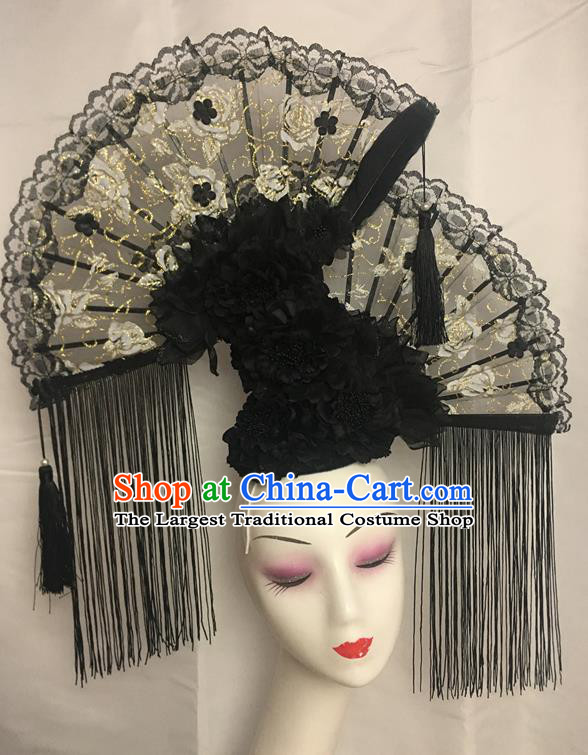 China Traditional Court Black Peony Tassel Hair Clasp Handmade Catwalks Bride Giant Fashion Headdress Cheongsam Show Lace Fan Hair Crown