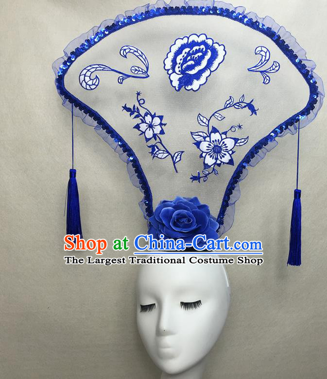 Chinese Traditional Stage Court Tassel Top Hat Cheongsam Catwalks Deluxe Headwear Handmade Fashion Show Giant Fan Hair Crown