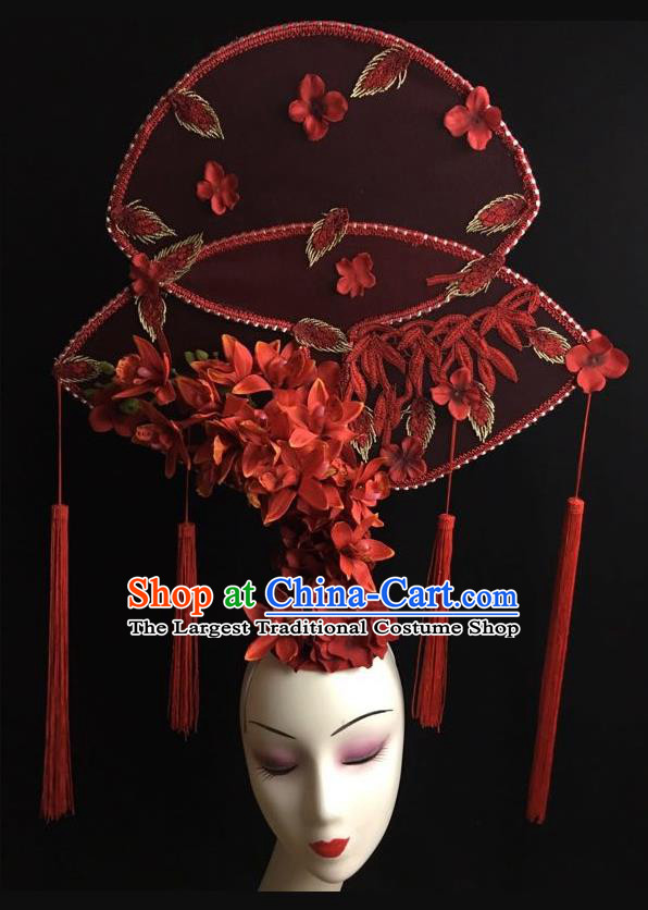 China Catwalks Fashion Tassel Headdress Handmade Bride Giant Headwear Cheongsam Show Red Flowers Hair Crown Court Fan Hair Clasp