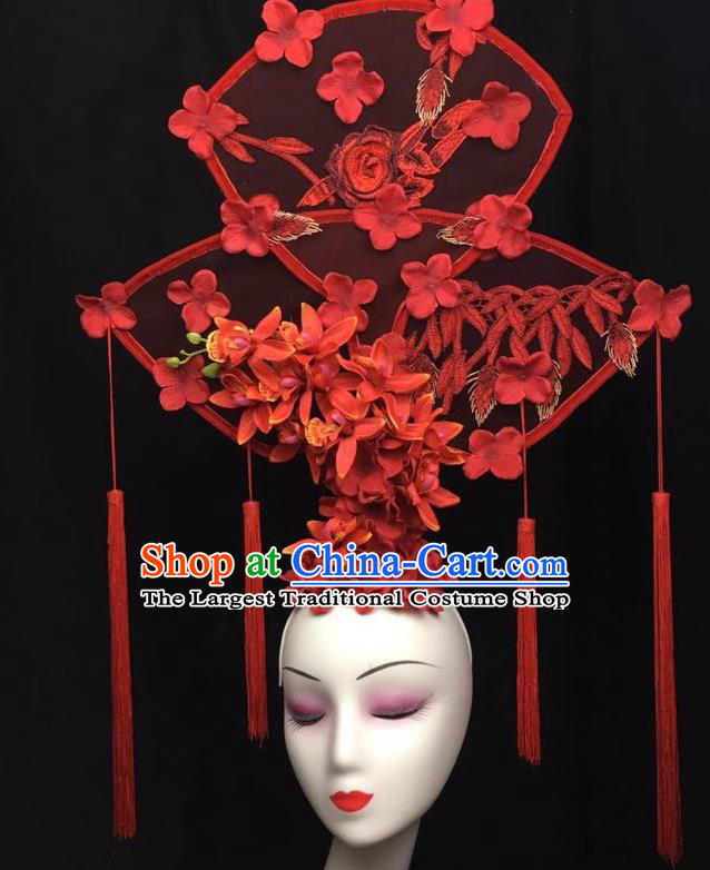 China Court Fan Tassel Hair Clasp Catwalks Fashion Headdress Handmade Bride Giant Headwear Cheongsam Show Red Flowers Hair Crown