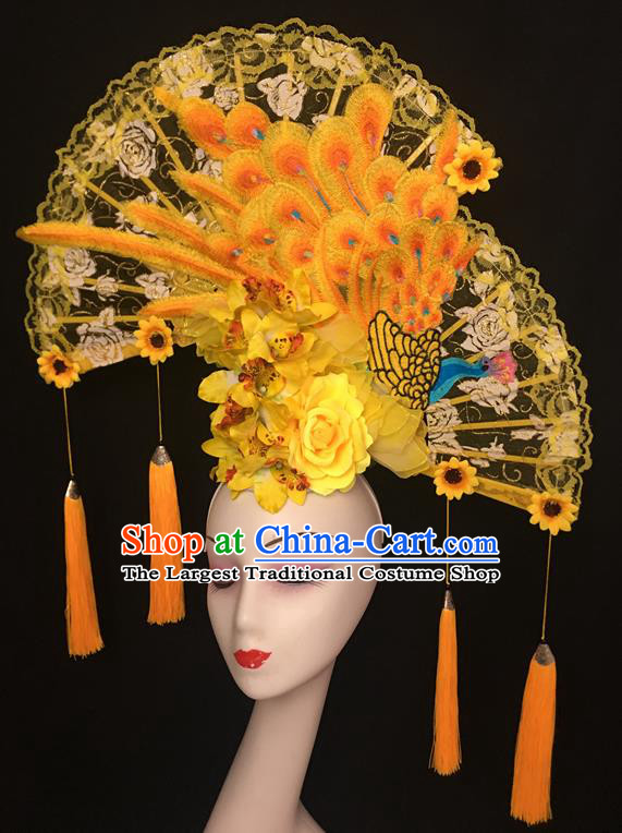 China Cheongsam Show Embroidered Phoenix Hair Crown Court Yellow Lace Fan Hair Clasp Catwalks Fashion Headdress Handmade Bride Giant Headwear