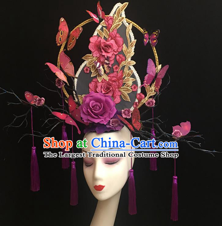China Court Tassel Hair Clasp Catwalks Giant Headdress Handmade Bride Fashion Headwear Cheongsam Show Purple Gourd Hair Crown