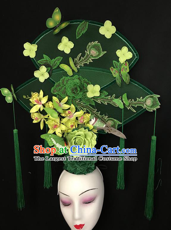 China Handmade Bride Giant Headwear Cheongsam Show Embroidered Peony Hair Crown Court Green Fan Hair Clasp Catwalks Fashion Headdress