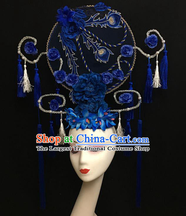 China Court Blue Flowers Top Hat Catwalks Deluxe Tassel Headdress Handmade Bride Fashion Headwear Qipao Show Hair Crown