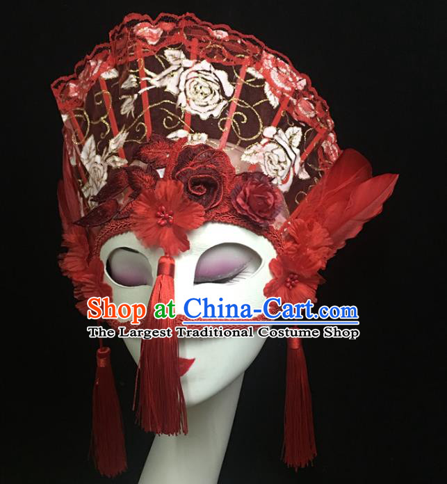 Handmade Halloween Cosplay Show Red Lace Full Face Mask Costume Party Tassel Blinder Headpiece Brazil Carnival Feather Mask