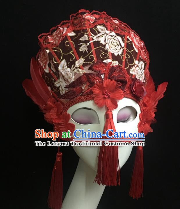 Handmade Halloween Cosplay Show Red Lace Full Face Mask Costume Party Tassel Blinder Headpiece Brazil Carnival Feather Mask