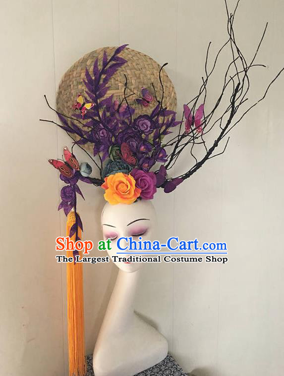 China Qipao Show Purple Flowers Hair Crown Court Rattan Fan Top Hat Catwalks Deluxe Tassel Headdress Handmade Bride Fashion Headwear