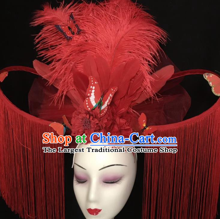 Top Rio Carnival Feather Hair Clasp Brazil Parade Headdress Halloween Cosplay Hair Accessories Catwalks Red Tassel Royal Crown