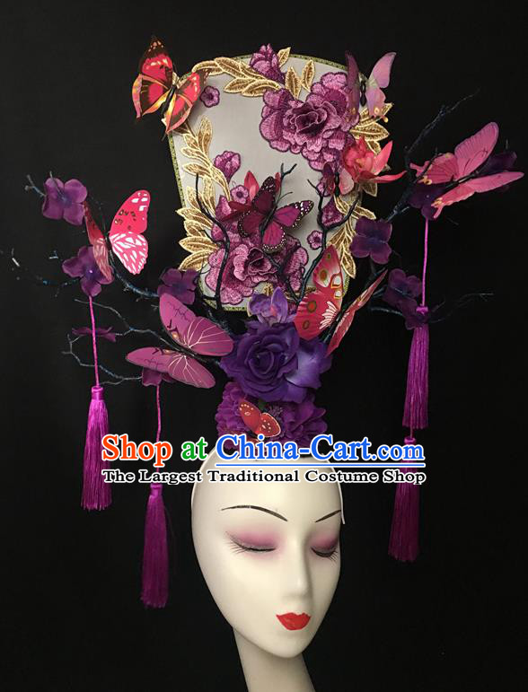 China Catwalks Fashion Headdress Handmade Bride Giant Headwear Cheongsam Show Embroidered Peony Hair Crown Court Purple Flowers Hair Clasp