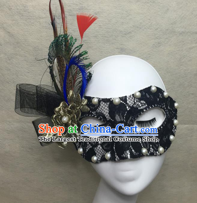 Handmade Rio Carnival Black Lace Face Mask Halloween Cosplay Show Feather Mask Costume Party Pearls Blinder Headpiece