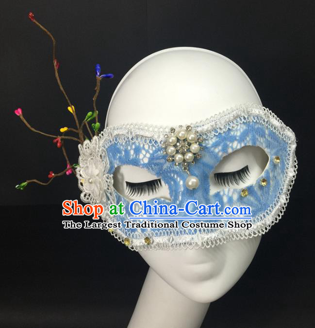Handmade Costume Party Pearls Blinder Headpiece Rio Carnival Blue Lace Face Mask Halloween Cosplay Show Feather Mask