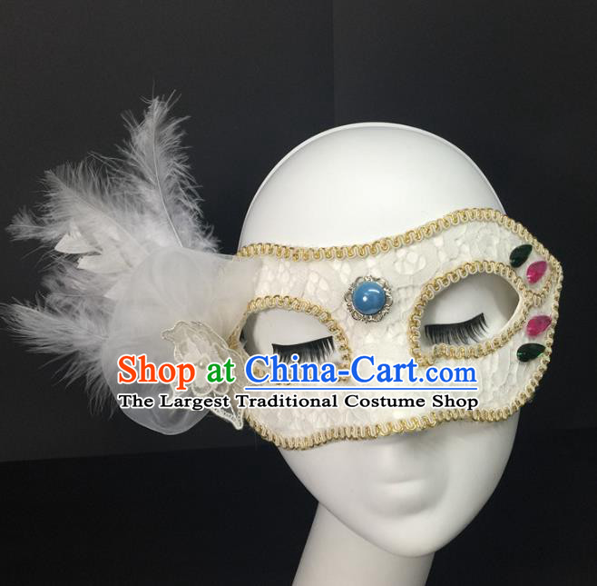 Handmade Rio Carnival White Lace Face Mask Halloween Cosplay Show Feather Mask Costume Party Blinder Headpiece