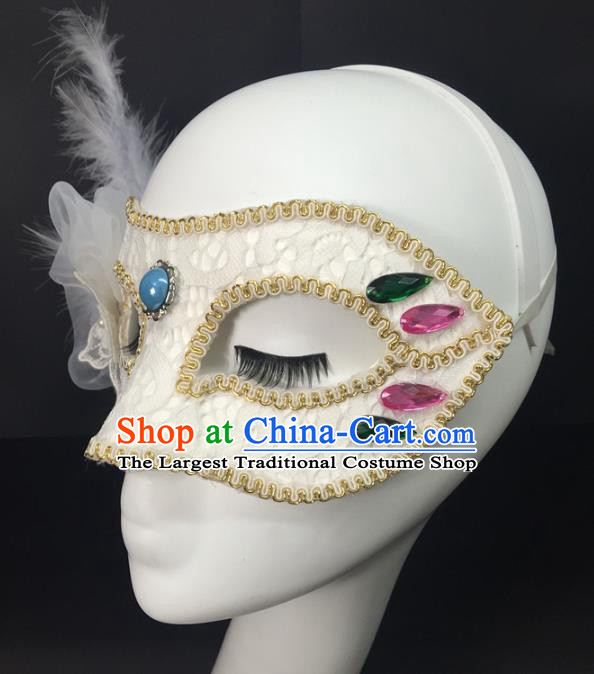 Handmade Rio Carnival White Lace Face Mask Halloween Cosplay Show Feather Mask Costume Party Blinder Headpiece