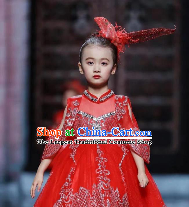 Custom Girl Princess Sequins Clothing Stage Show Red Full Dress Children Catwalks Dance Garment Costume