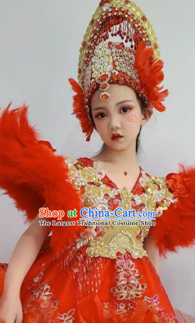 Customized Girl Stage Show Clothing Brazil Parade Dance Red Feather Trailing Full Dress Children Catwalks Garment Costume and Royal Crown