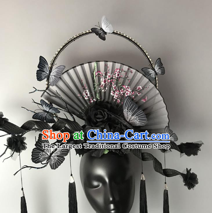 Chinese Traditional Stage Court Fan Tassel Top Hat Cheongsam Catwalks Deluxe Headwear Handmade Fashion Show Giant Black Butterfly Hair Crown