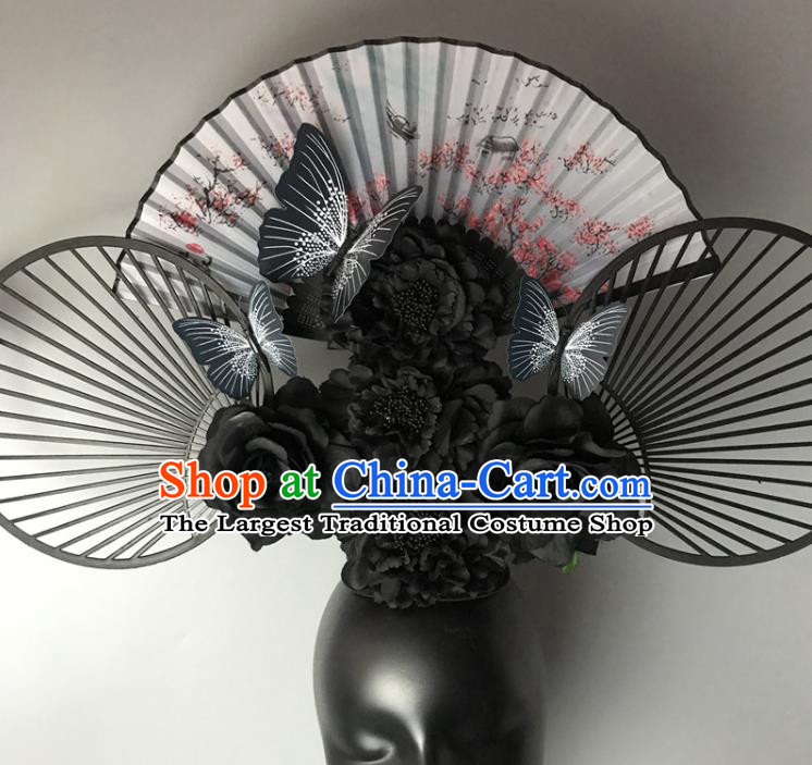 Chinese Handmade Fashion Show Giant Black Flowers Hair Crown Traditional Stage Court Fan Top Hat Cheongsam Catwalks Deluxe Headwear