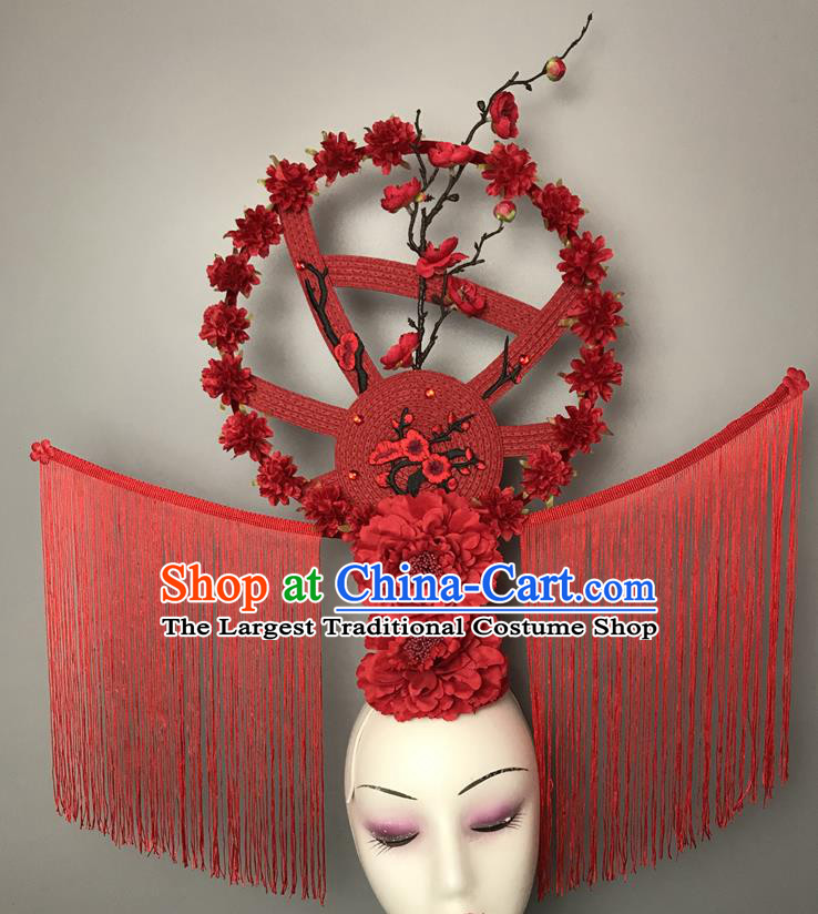 Chinese Handmade Fashion Show Flowers Hair Crown Traditional Stage Court Deluxe Tassel Top Hat Cheongsam Catwalks Giant Headdress