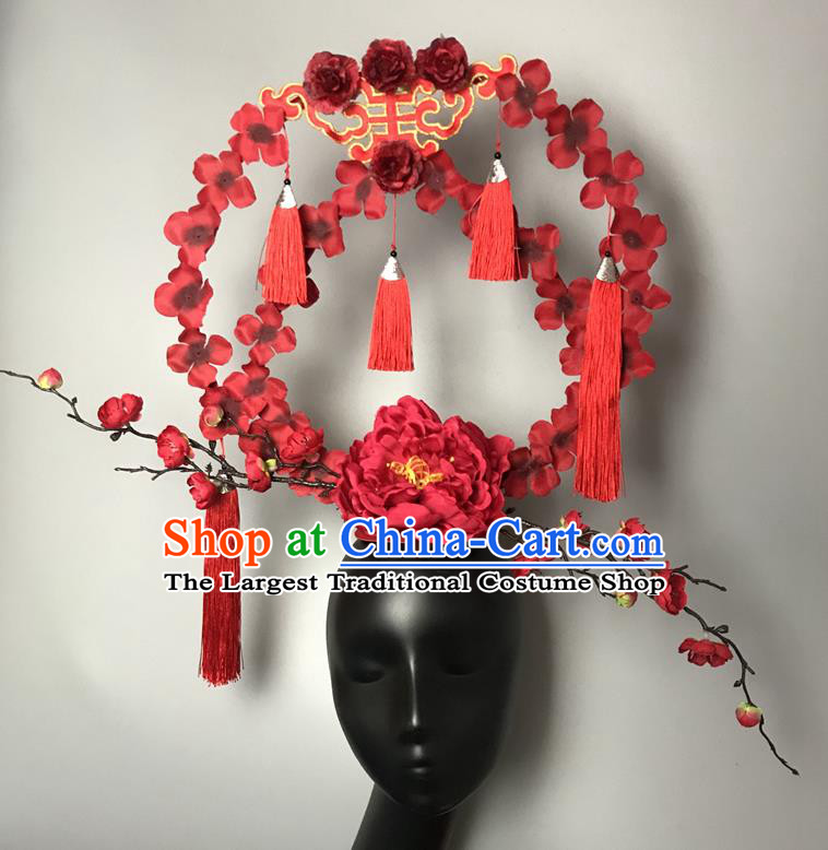 Chinese Traditional Stage Court Deluxe Top Hat Cheongsam Catwalks Giant Headdress Handmade Fashion Show Red Peony Hair Crown
