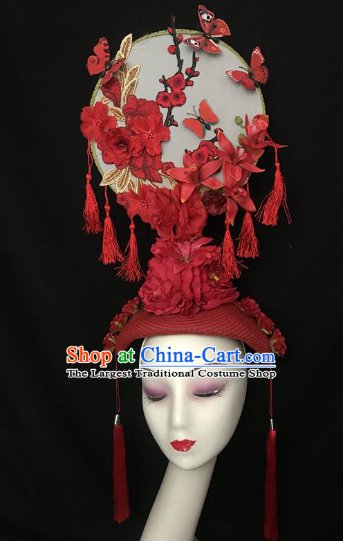 Chinese Cheongsam Catwalks Fashion Giant Headdress Handmade Stage Show Tassel Hair Crown Traditional Court Embroidered Top Hat