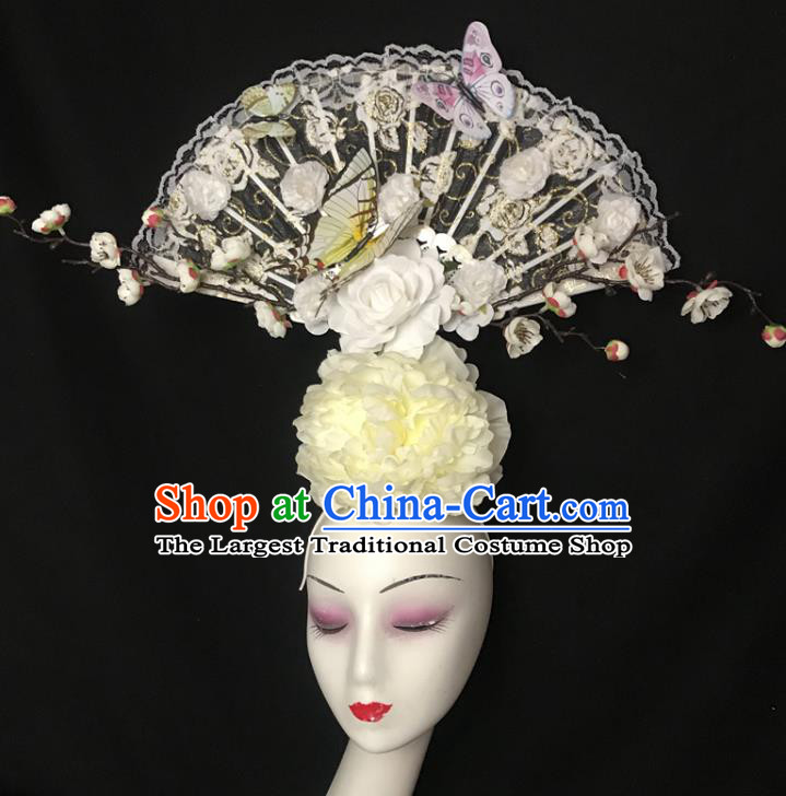 Chinese Cheongsam Catwalks Fashion Giant Headdress Handmade Stage Show Beige Peony Hair Crown Traditional Court Lace Fan Hair Clasp