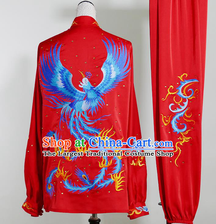 Top Chinese Kung Fu Performance Garment Costumes Tai Chi Training Embroidered Phoenix Red Uniforms Martial Arts Competition Clothing