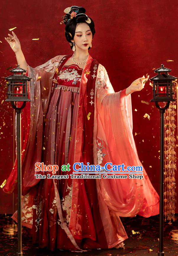 China Traditional Tang Dynasty Red Hanfu Dress Ancient Imperial Concubine Embroidered Historical Garments Clothing