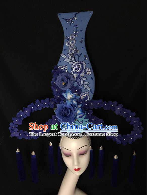 Chinese Catwalks Giant Fashion Headdress Handmade Cheongsam Stage Show Blue Flowers Vase Hair Crown Traditional Court Tassel Hair Clasp