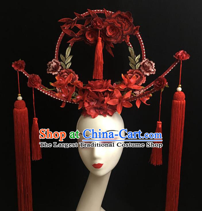 China Court Red Tassel Hair Clasp Catwalks Deluxe Headdress Handmade Bride Fashion Headwear Qipao Show Embroidered Red Peony Hair Crown