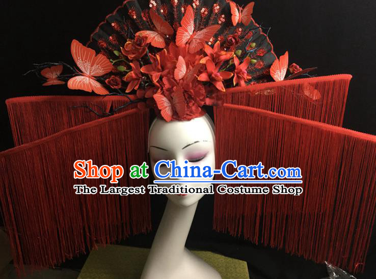 China Qipao Show Hair Crown Court Red Butterfly Fan Hair Clasp Catwalks Deluxe Headdress Handmade Bride Fashion Tassel Headwear