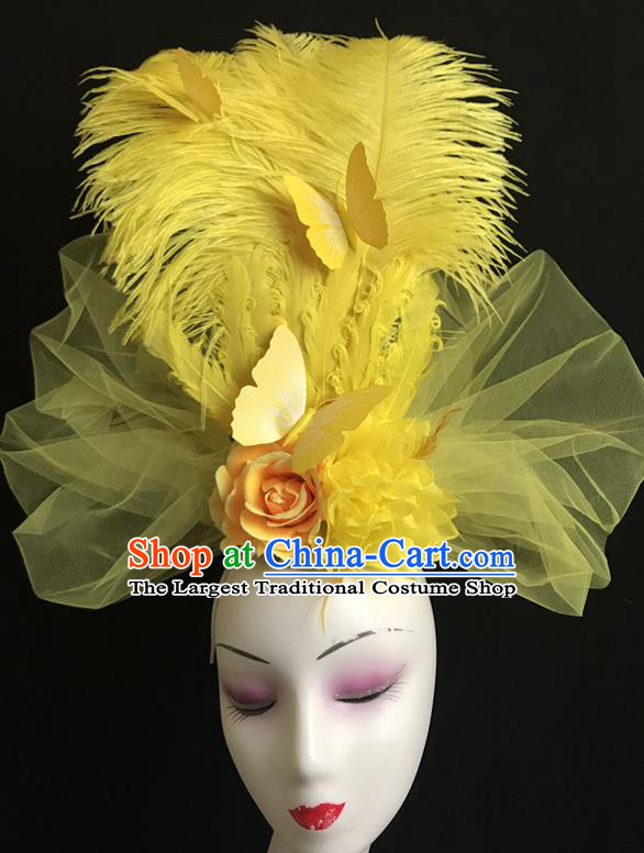 Top Cosplay Hair Accessories Halloween Catwalks Veil Royal Crown Rio Carnival Yellow Feather Hair Clasp Brazil Parade Flowers Headdress