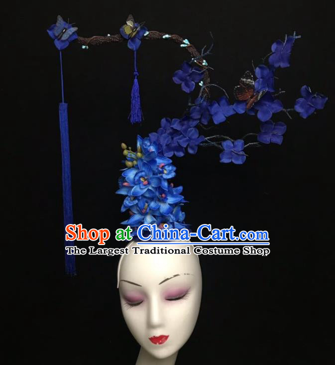 China Court Royalblue Tassel Top Hat Catwalks Deluxe Headdress Handmade Bride Fashion Headwear Qipao Show Flowers Hair Crown