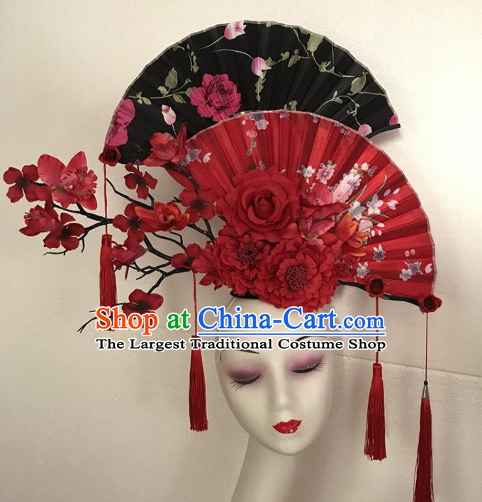 China Court Fan Tassel Hair Clasp Qipao Catwalks Bride Headdress Handmade Wedding Fashion Headwear Stage Show Red Peony Hair Crown