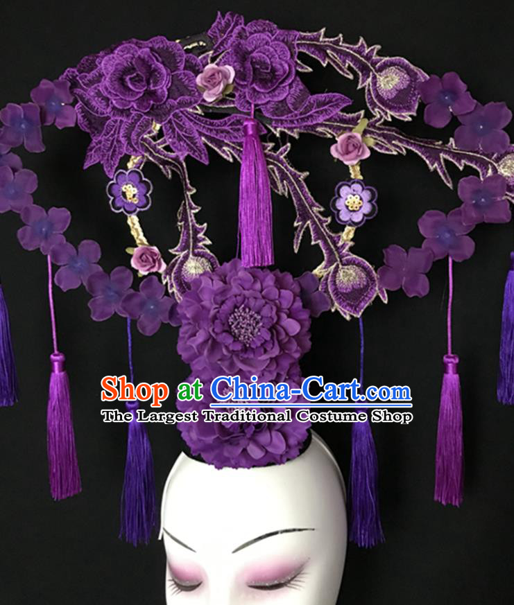 China Stage Show Purple Peony Hair Crown Court Fan Tassel Hair Clasp Qipao Catwalks Bride Headdress Handmade Wedding Fashion Headwear