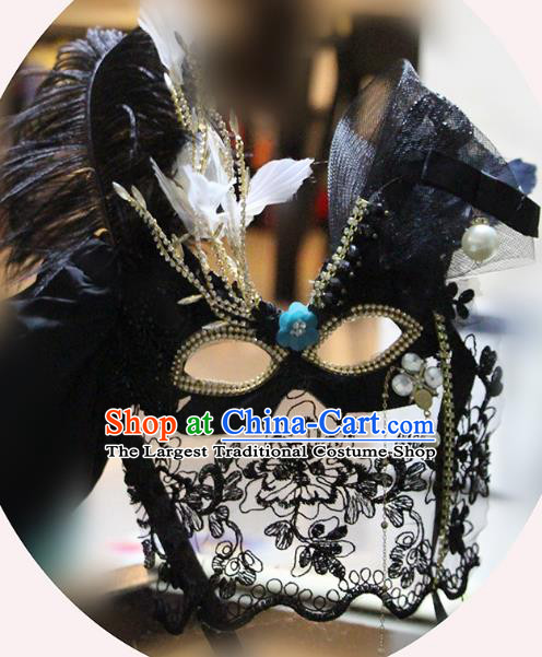 Handmade Brazil Carnival Black Veil Mask Halloween Cosplay Feather Face Mask Costume Party Gothic Blinder Headpiece