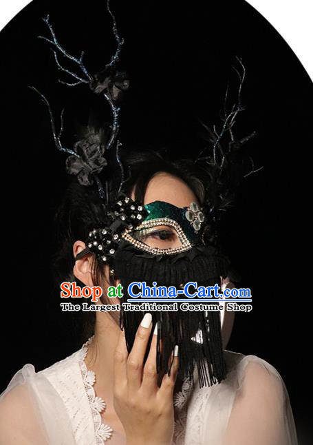 Handmade Costume Party Blinder Gothic Black Feather Headpiece Brazil Carnival Tassel Mask Halloween Cosplay Full Face Mask